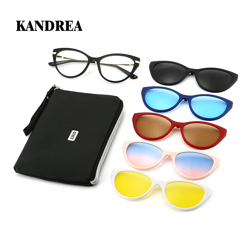 KANDREA-Cateye 6 인 1 클립 편광 선글라스, 여성 브랜드 디자이너 안경, 광학 자기 처방 안경, 2353d